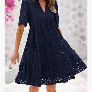 NWOT - Elegant Navy Eyelet Ruffle Dress